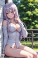 Anime girl with long purple hair sitting on a porch.