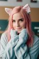 A woman with pink hair wearing a cat ears headband.